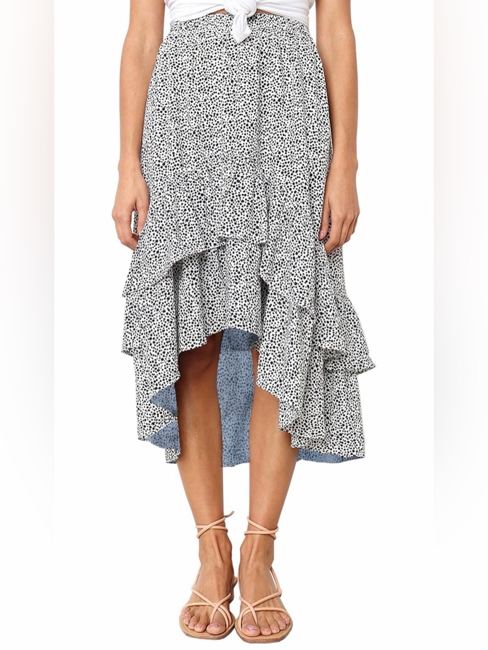 Tiered Black and White Dotted Midi Skirt